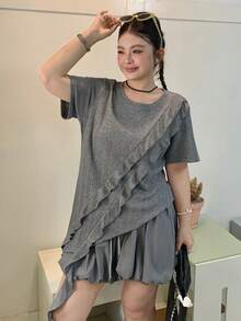 Dazy Plus 2pcs/Set Asymmetrical Ruffle Patchwork Top And Tight Waist Tulip Pants, Casual Spring/Summer Outfit For Plus Size Women Lounge Sets For Women - Grey - View 4