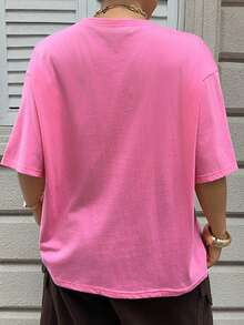 Dazy Plus Loose Fit Letter Print Round Neck Pink Short Sleeve Casual Plus Size T-Shirt, Street Style For Spring/Summer - Hot Pink - View 5