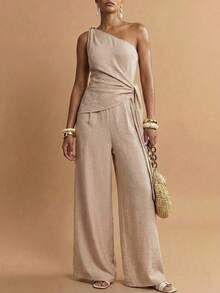 Zivah Women's Sleeveless Loose Jumpsuit With Asymmetric Shoulder Design - Khaki - View 5