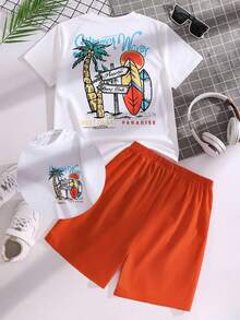Setelan 2pcs/Set Kaos Lengan Pendek Motif Pohon Palem dan Celana Pendek Warna Polos untuk Anak Laki-laki, Pakaian Musim Panas Gaya Pulau untuk Akhir Pekan di Pantai, Liburan, Setelan Musim Panas untuk Anak Laki-laki - Jeruk - View 3