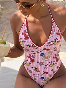 Swim Mod Women's Summer Beach Vacation Casual Cute Random Printed Ocean Starfish Contrast Color V-Neck One-Piece Swimsuit Pink - Multicolor - View 7