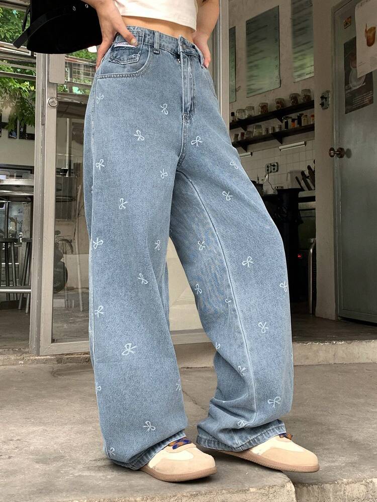 Women's Bow Print Pocket Denim Jeans