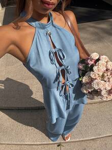 DAZY 女士露背吊带镂空系腰宽松牛仔连体裤 - 藍色 - 查看 6