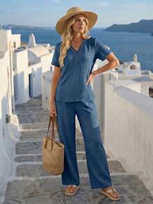 Faunlyn Women's V-Neck Short Sleeve Top And Pants Casual 2 Pieces Set - Medium Wash - View 3