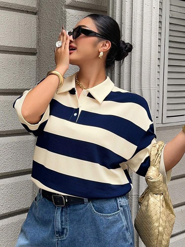 Dazy Plus Color Block Striped Loose Polo Collar Short Sleeve T-Shirt, Casual Summer Wear For Plus Size Women