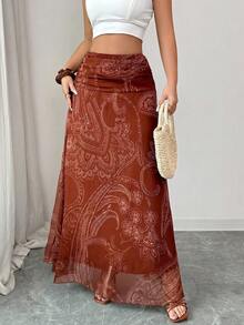SHEIN Elenzya Chân váy chữ A in họa tiết retro màu hạt điều dành cho nữ, duyên dáng cho kỳ nghỉ, mặc hàng ngày, đi làm thanh lịch, hẹn hò thời trang, phong cách đường phố Pháp, đa năng retro, họa tiết hoa retro màu nâu, chân váy maxi dài mùa xuân/hè mới. - Gỗ đỏ - Xem 5