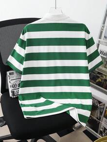 Manfinity Joysei Men's Casual Minimalist Letter Print Green & White Striped Polo Shirt, Suitable For Summer Outings And School - Green - View 5