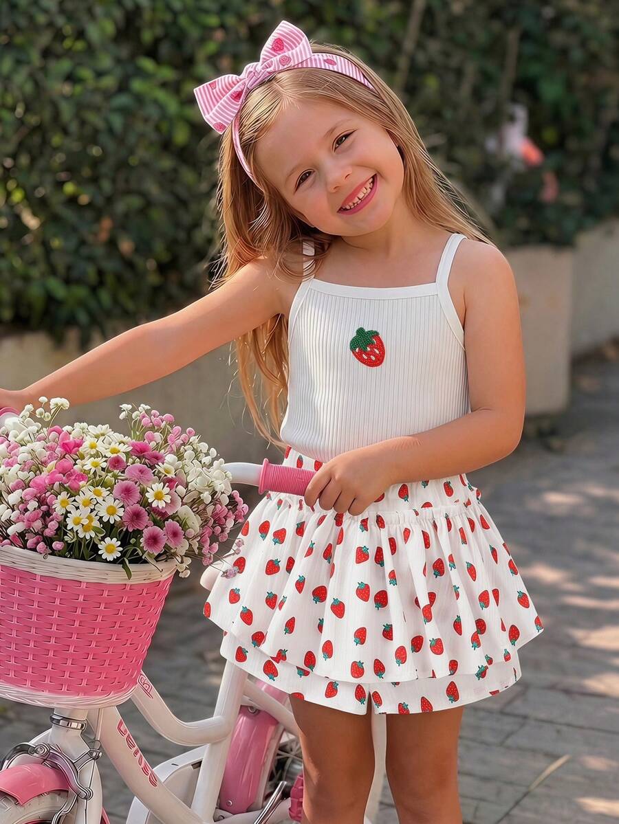 Emery Rose Kids Emery Rose Kids 女童草莓刺绣吊带背心和短裤套装 - 白色 - 查看 1