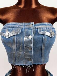 SHEIN Women's Sexy Fashion Street Snap Single-Breasted Cropped Bustier Denim Top, Summer - Blue - View 7