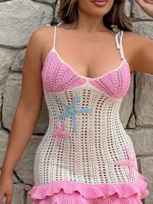 Maria Perezxox Women's Peach Starfish Decor Double Ruffle Hem Halter Knit Dress, Suitable For Holiday, Date, Afternoon Tea, Beach, Cruise, City Vacation, Wedding Season, Music Festival, Boho Vacation Crochet Dress Beach Dress - Pink - View 6