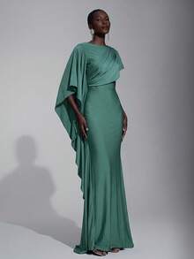 Elitara Gaun Bridesmaid Model Ekor Ikan Seksi dengan Belahan Samping, Elegan dan Mewah dari Satin dengan Hiasan Lengan Berkerut dan Belahan Samping. - Olive Green - View 6