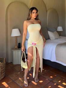 Maria Perezxox Spring/Summer Elegant Halter Vacation Orchid Decor High Slit Petite Women Long Dress - Yellow - View 1