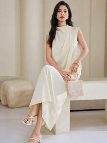 Heiryn New Design Niche Stand Collar Ruffle Lightweight Formal Dress, Luxury Daily Commute Dress,Summer Dresses For Women Formal Off-White Elegant - Apricot - View 2