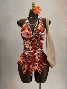 Slaydiva Maillot de bain grande taille Printemps/Été 2026, imprimé floral et feuillage coloré, col en V profond, côtés froncés, bordure en maille, taille haute. Tenue sexy pour la plage et la piscine en vacances - Multicolore - Voir 7