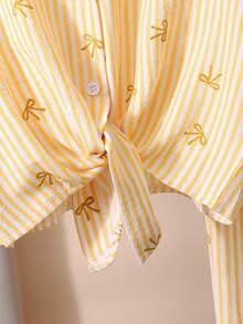 2pcs/Set Girls Pink Striped Textured Fabric Short Sleeve Shirt And Casual Pants,Cute Summer White Family Matching Outfit,Collared Button-Up Bow Top - Yellow - View 3