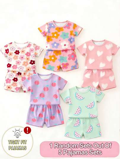 [Ngẫu nhiên 5 bộ, nhận 1 bộ] Bộ quần áo bé gái tay ngắn ôm sát, họa tiết trái cây/hoa/trái tim, tươi tắn & ngọt ngào, dễ thương & tinh nghịch, cổ tròn, eo chun, thoải mái cho ở nhà, mặc thường ngày, đi chơi ngoài trời, mùa hè.