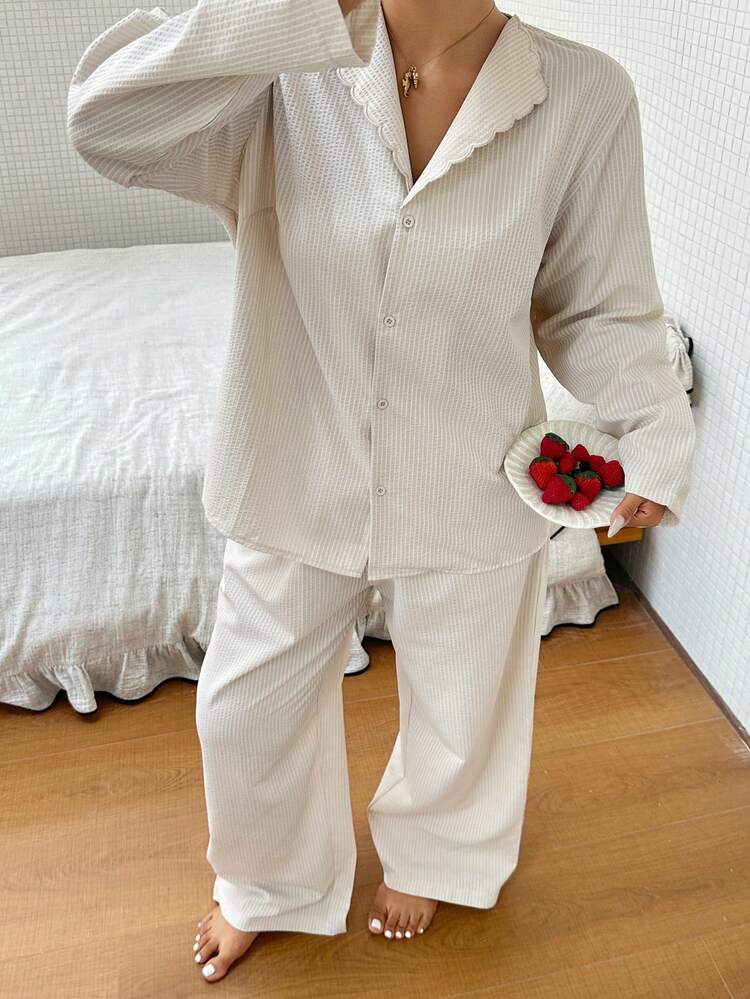 Dazy Plus Striped Textured Fabric Embroidered Ruffle Collar Petal Sleeve Top & Long Pants Plus Size Women Spring/Summer Pajama Set