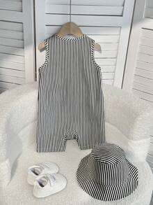 两件套，含赠送帽子：男婴女婴夏季杏色条纹圆领无袖连体衣和度假休闲渔夫帽，旅行必备 - 黑色 - 查看 5