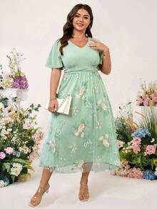 SHEIN CURVE+ Plus Size Women's Waist Ruched Deep V-Neck Ruffle Sleeve & Hem Mesh Double Layer A-Line Loose Elegant Vacation Casual Dress - Green - View 3