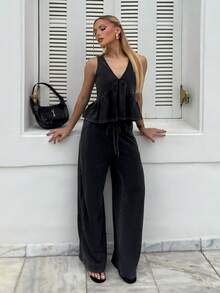 BiaLiraa Women's Vintage Distressed Snow Washed V-Neck Camisole And Pants 2-Piece Set, Summer - Black - View 1