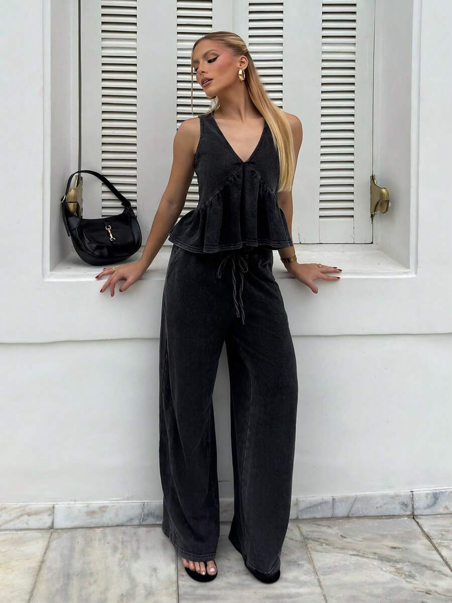 BiaLiraa Women's Vintage Distressed Snow Washed V-Neck Camisole And Pants 2-Piece Set, Summer - Black - View 1