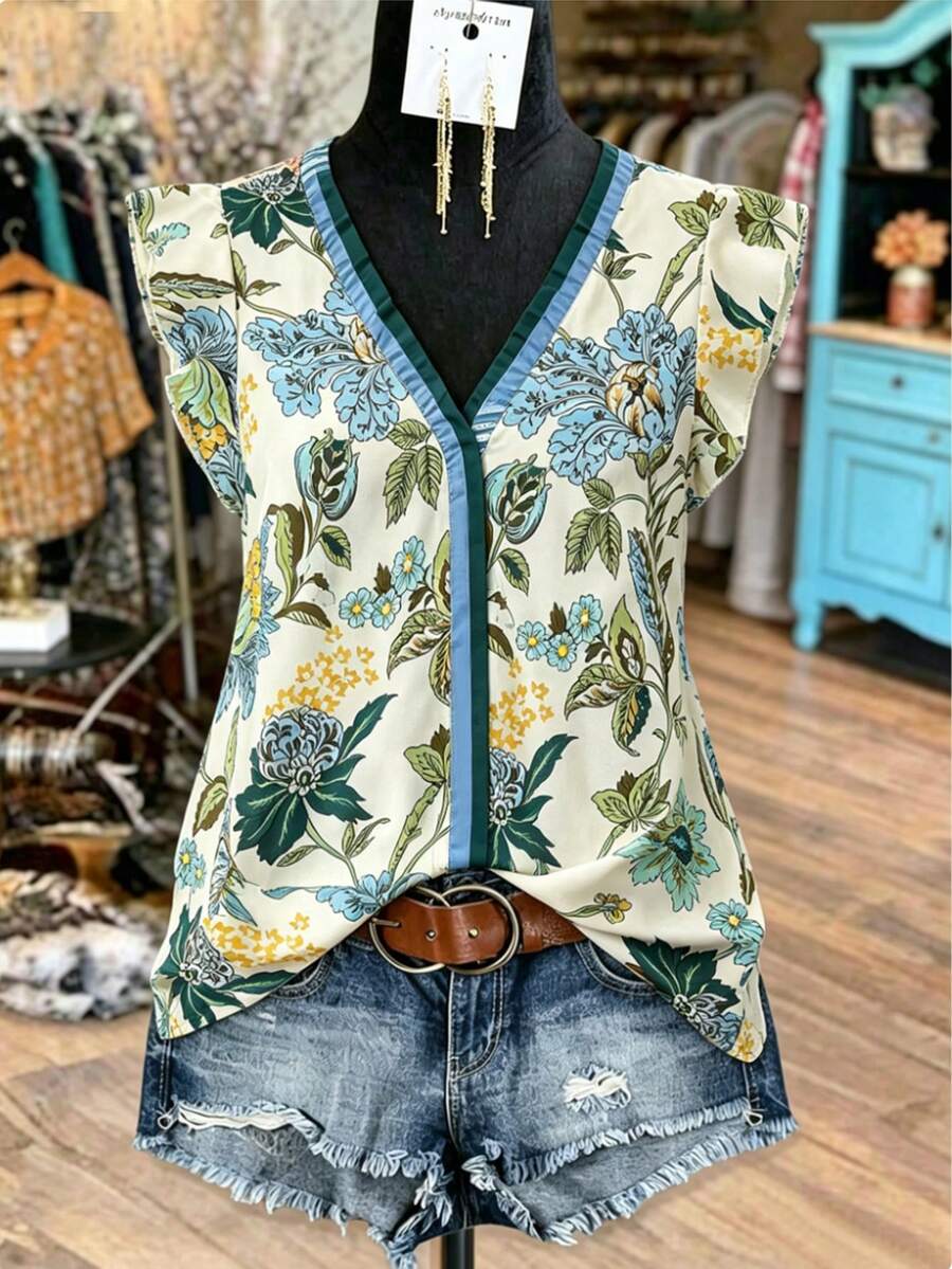 Linhara Plus Size Women's Brown Retro Ditsy Floral V-Neck Ruffle Trim ...