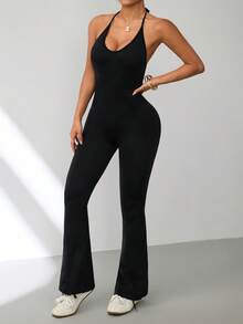 Slayform 女士无缝露背性感喇叭瑜伽连体裤 - 黑色 - 查看 5