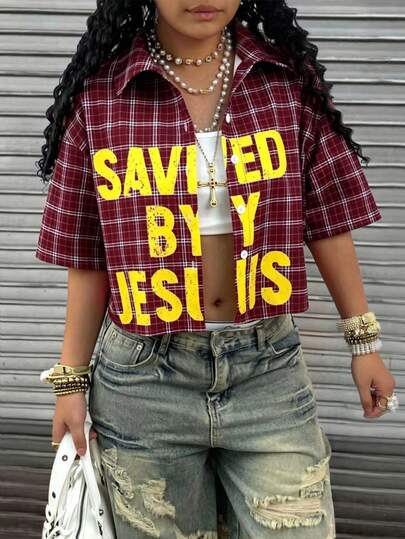 Rovax Women's Letter & Plaid Print Short Sleeve Single-Breasted Casual Shirt
