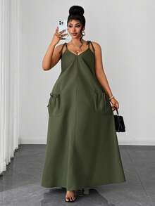 SHEIN CURVE+ Plus Size Spaghetti Strap Casual Lace-Up Solid Color Retro Elegant Dress - Army Green - View 4