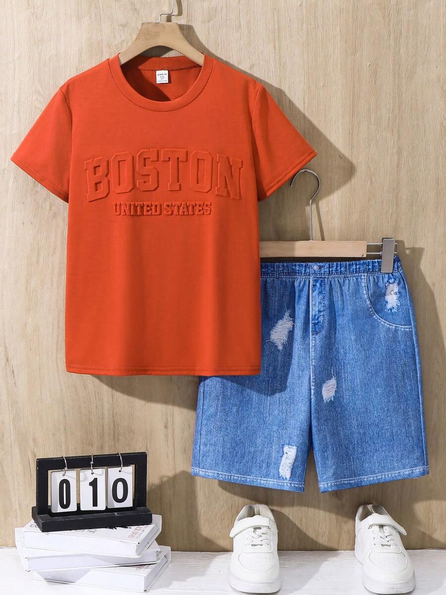 SHEIN 2pcs Kids/Tween Boys Casual Versatile Comfortable Round Neck Loose Short Sleeve Knit T-Shirt And Shorts Set