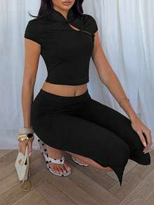 TRNVIE 夏季休闲通勤女装黑色不对称领口镂空中国风纽扣针织弹力露脐上衣和低腰紧身开衩中长打底裤两件套，适合街头聚会 - 黑色 - 查看 6