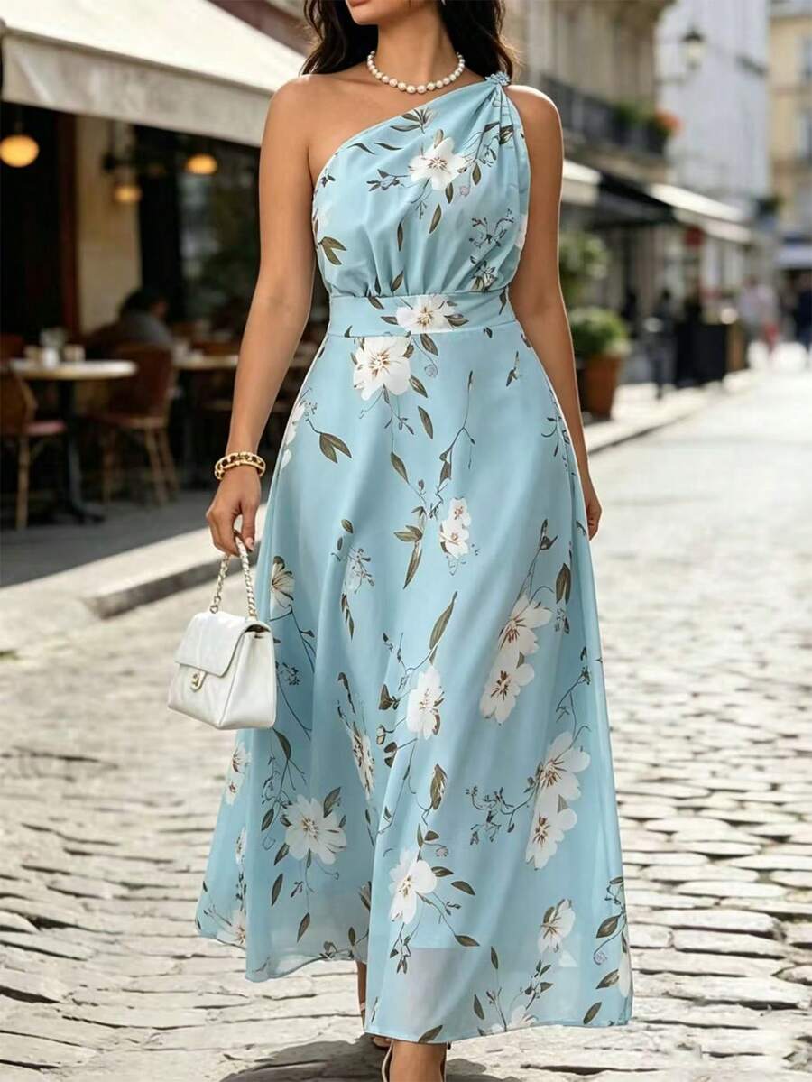 SHEIN Clasi Vestido longo plus size feminino com estampa floral, sem mangas e com ombros à mostra. Elegante para uso diário e ao ar livre, perfeito para o verão. - Azul - Ver 1