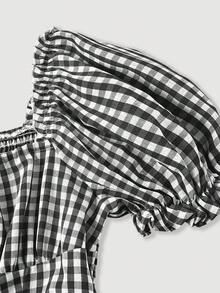 Skyraze Vestido con mangas de pétalo, cinturón de lazo y estampado de cuadros rojos y blancos - Negro - Ver 8