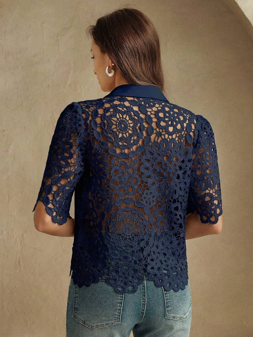 Anewsta Women's Elegant Floral Hollow-Out Lace Blouse, Suitable For Spring/Summer, Vacation, Holiday, Beach, Festival