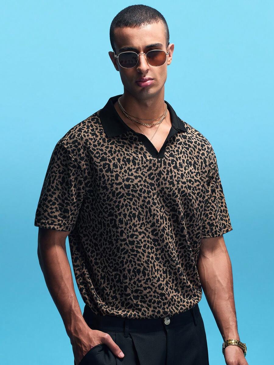 NobleFwd Men's Leopard Print Contrast V-Neck Polo Shirt, Suitable For Outings And Parties Men's Vaca Shirts Men's Party Shirt Cheetah Print Men Shirt Men Leopard Shirt Streetwear Men Shirt Old Money,Daily Leisure, Weekend Trips, Outdoor Activities, Travel Expeditions, Relaxed Work Environments Or Semi-Formal Occasions, Boyfriend/Husband Gift, Anniversary /Birthday Gift Party Christmas New Years - Khaki - View 1