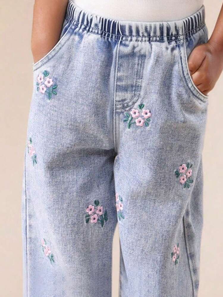 Wide Leg Denim Jeans With Floral Embroidery