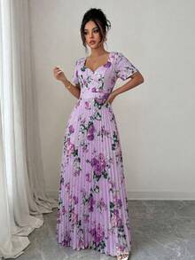 SHEIN Elenzya Đầm chữ A thanh lịch, lãng mạn với họa tiết hoa, xếp ly ở eo và cổ hình trái tim, thích hợp cho tiệc trà và dạo phố. - Nhiều màu - Xem 4