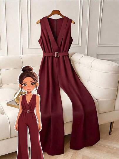 SHEIN PETITE CURVE Plus Size Women's Casual Solid Color V-Neck Sleeveless Metal Buckle Belt Long Jumpsuit, Suitable For Home And Commute Burgundy Jumpsuit For Women Wide-Leg Jumpsuit Women's Pant Suit Ladies Jumpsuit For Party Rompers For Women Elegant Long