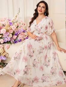 Modelyn Plus Size Women's Elegant Floral Print Ruffle Batwing Sleeve Waist Tie Maxi Dress, Summer Resort Style - Pink - View 2