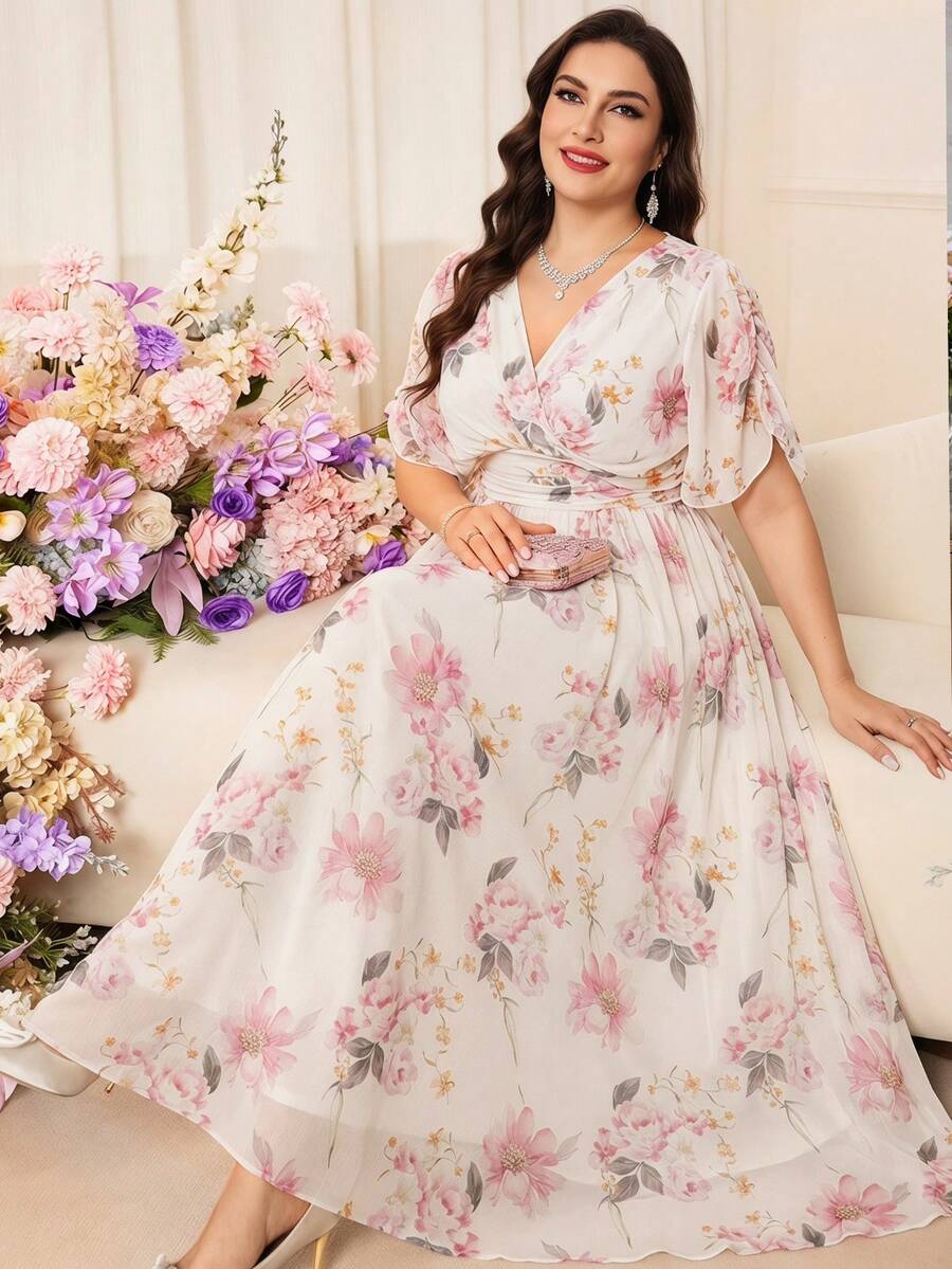 Modelyn Plus Size Women's Elegant Floral Print Ruffle Batwing Sleeve Waist Tie Maxi Dress, Summer Resort Style