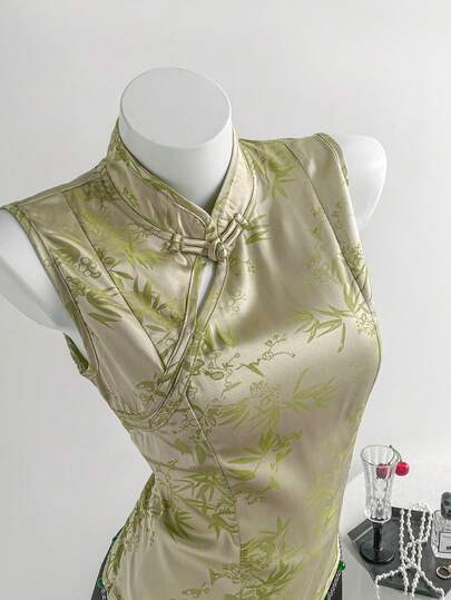 Elamini Y2K Girl Sweet Casual Vacation Street Daily School Work Date Shopping Party Waist-Cinched Fitted Mandarin Collar Sleeveless Button-Up Bamboo Leaf Green Jacquard Pattern Women Shirt, Spring/Summer