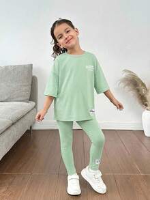 SHEIN 女童 2件組字母印花落肩T恤與長褲，夏季母女套裝休閒穿搭，適合日常與上學 - 綠色 - 查看 6