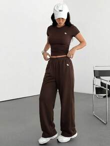 Muchica Women's Summer Spurs Embroidery Tight Fitting Short Sleeve T-Shirt And Pants 2 Pieces Homewear Set - Chocolate Brown - View 5