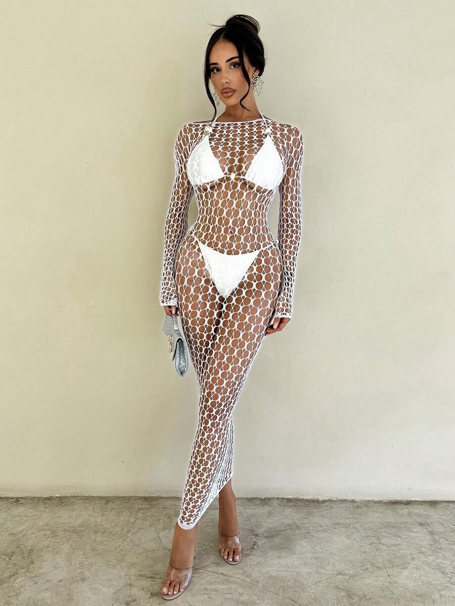 Vestido largo de manga larga romántico y hueco para mujer, nuevo 2026 - Blanco - Ver 1