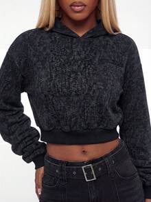 Modviera Women's Solid Color Cat Ear Hooded Fashionable Vacation Cropped Long Sleeve Sweatshirt, Autumn/Winter - Black - View 7