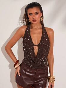 SHEIN BAE Atasan Camisole Tanpa Punggung dengan Leher Berlipat dan Hiasan Berlian Imitasi untuk Wanita, Nuansa Cokelat, Musim Panas, Gaya 70-an, Acara Malam, Pesta di Pantai, Festival Musik, Karnaval & Liburan - Coklat - View 6