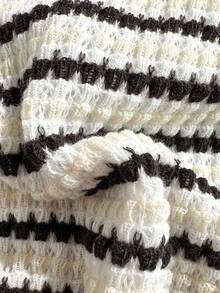 SHEIN 少女黑白条纹针织纹理贝壳边吊带比基尼套装，适合游泳、度假、夏季海滩穿着，儿童泳衣套装，夏季假期 - 黑與白 - 查看 5