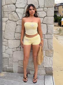 Maria Perezxox 全新夏季奶油黄沙滩度假装 度假针织抹胸短款背心和短裤套装 两件套夏季套装 两件套夏季 夏季两件套 两件套夏季套装 - 黃色 - 查看 3