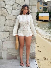 Maria Perezxox Nuevo atuendo casual de vacaciones para invitados a bodas en la playa, brunch de graduación, Día de San Patricio, Spring Break, festival de música de Pascua, elegante mono bohemio tropical con textura, manga acampanada y espalda descubierta, ropa de otoño e invierno para mujeres - Albaricoque - Ver 4