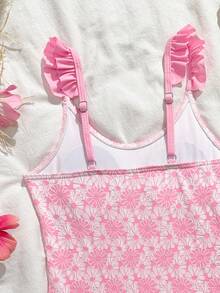 少女连体泳衣，粉白雏菊印花，特殊针织面料，可调节荷叶边，时尚休闲优雅，适合游泳、夏季度假、海滩、泳池、节日派对等场合。 - 淺粉色 - 查看 5